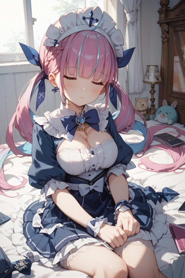 (best quality:1.2), (ultra detailed:1.2),(masterpiece:1.2),(8k:1.2),(aaaqua, twintails, drill hair, maid headdress, cleavage, short sleeves, wrist cuffs),(Blessed,Captivating body、Ultra detailed hands、Ultra-detailed eyes、Ultra-detailed skin、ultra-detailed face,Detailed Background),One Girl、(bedroom,lie down,arms up:1.5),(embarrassed,blush:1.5)