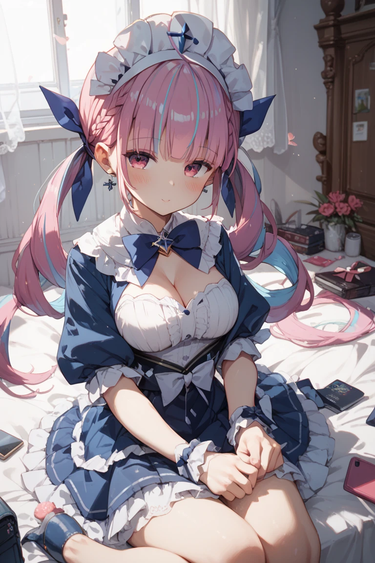 (best quality:1.2), (ultra detailed:1.2),(masterpiece:1.2),(8k:1.2),(aaaqua, twintails, drill hair, maid headdress, cleavage, short sleeves, wrist cuffs),(Blessed,Captivating body、Ultra detailed hands、Ultra-detailed eyes、Ultra-detailed skin、ultra-detailed face,Detailed Background),One Girl、(bedroom,lie down,arms up:1.5),(embarrassed,blush:1.5)