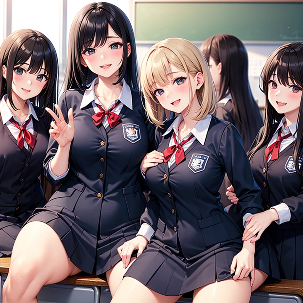 Anime Moe Art Style,Highest quality,High resolution,Anatomically correct,Multiple Girls,Mid-teens,Mr.々Hair style,Super detailed,Big Breasts,Shiny skin,Beautiful Skin,A rich expression,Laughing with your mouth open,Seduce,high school girl,Undress,Show your chest,Nipples are visible,Lift up your skirt yourself,I can see the shorts,School Cultural Festival,blazer,Pleated skirt,mini skirt,Eyes drawn in detail,8K