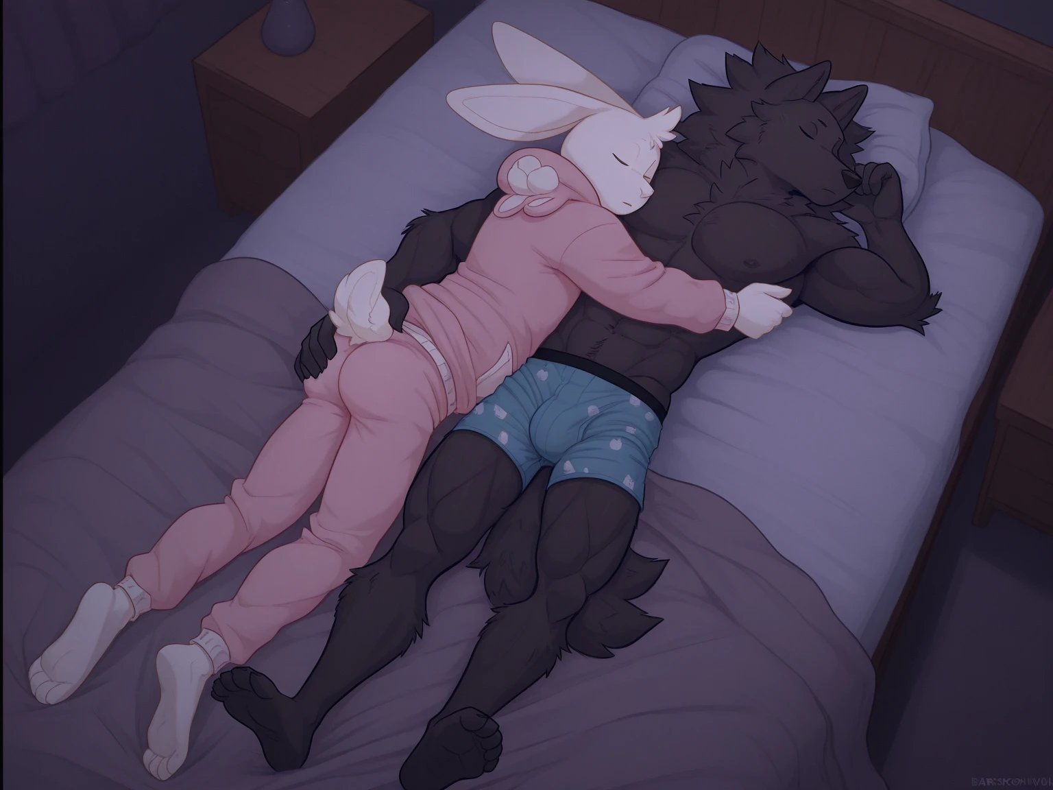(Furry、A black rabbit boy and a white rabbit boy wearing nightcaps)、In bed in pajamas、Snowstorm night seen from the window、Dark room with fireplace、wooden、((sex))