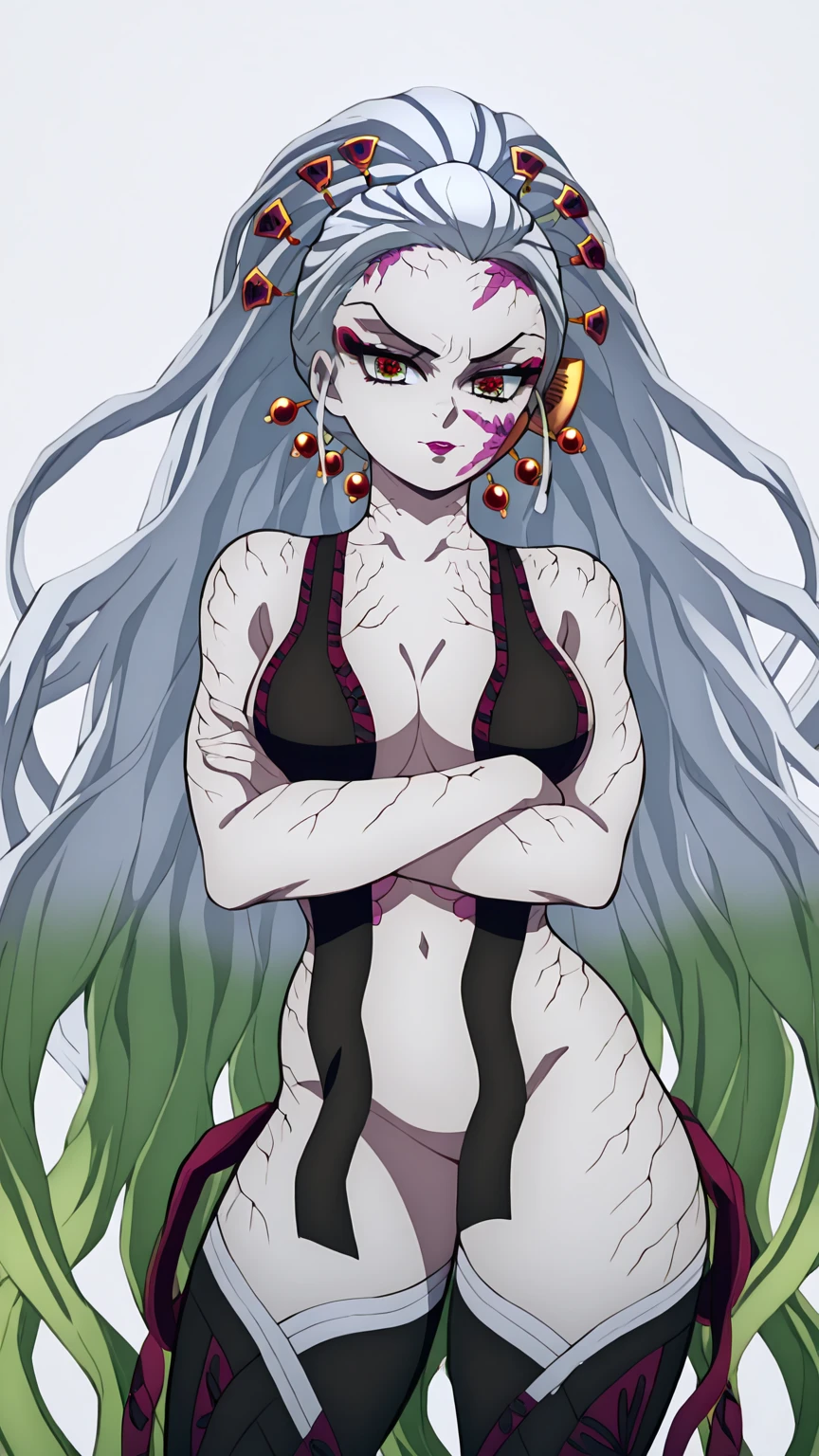 Masterpiece, The best quality, High Resolutions, daki-def, daki-blanco, 1girl, only, long hair, old, looking at the viewer, They are smiling, hair ornament, thighsjumps, belly button, neckline, old medianos, Very long hair, Closed mouth, cana, multicolored hair, facial mark, hair stick, ((((naked))))(cracked skin:1.4), daki-eyes, bathing bathroom, naked, Breasts, armpits, belly, nipples, night, big Breasts