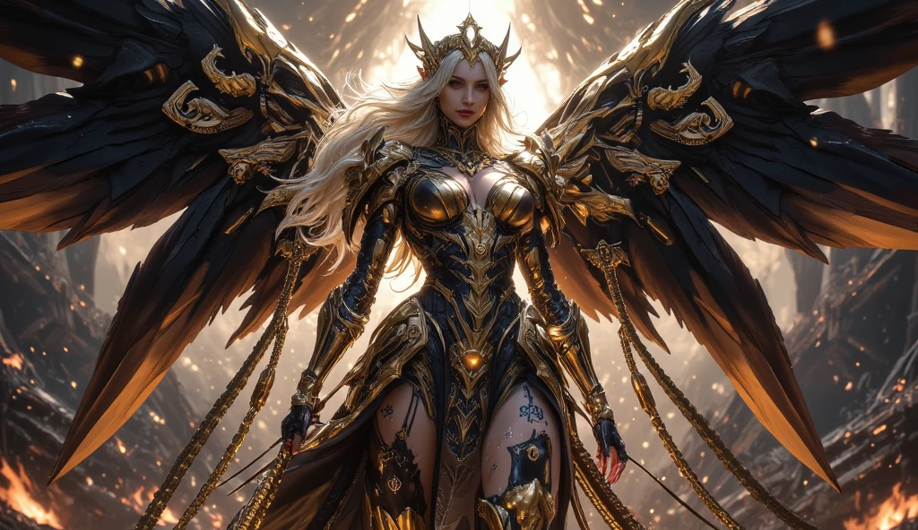 ((Best Quality, 8K, Masterpiece:1.3)), Woman Details:1.3, (Long Hair, Big Breasts:1.2), (curvy body), 1_indonesian_girl_face, breasts, wet_skin, silky_breasts, wet_body, silky_skin,weapon, armor, solo, cleavage, holding, long_hair, shield, sword, wings, holding_weapon, yellow_eyes, large_breasts, shoulder_armor, helmet, blonde_hair, looking_at_viewer, fur_trim, holding_sword, alternate_costume, ponytail, gloves, forehead_protector, smile, pauldrons:1.1, Highly Detailed, Detailed, Eyelids