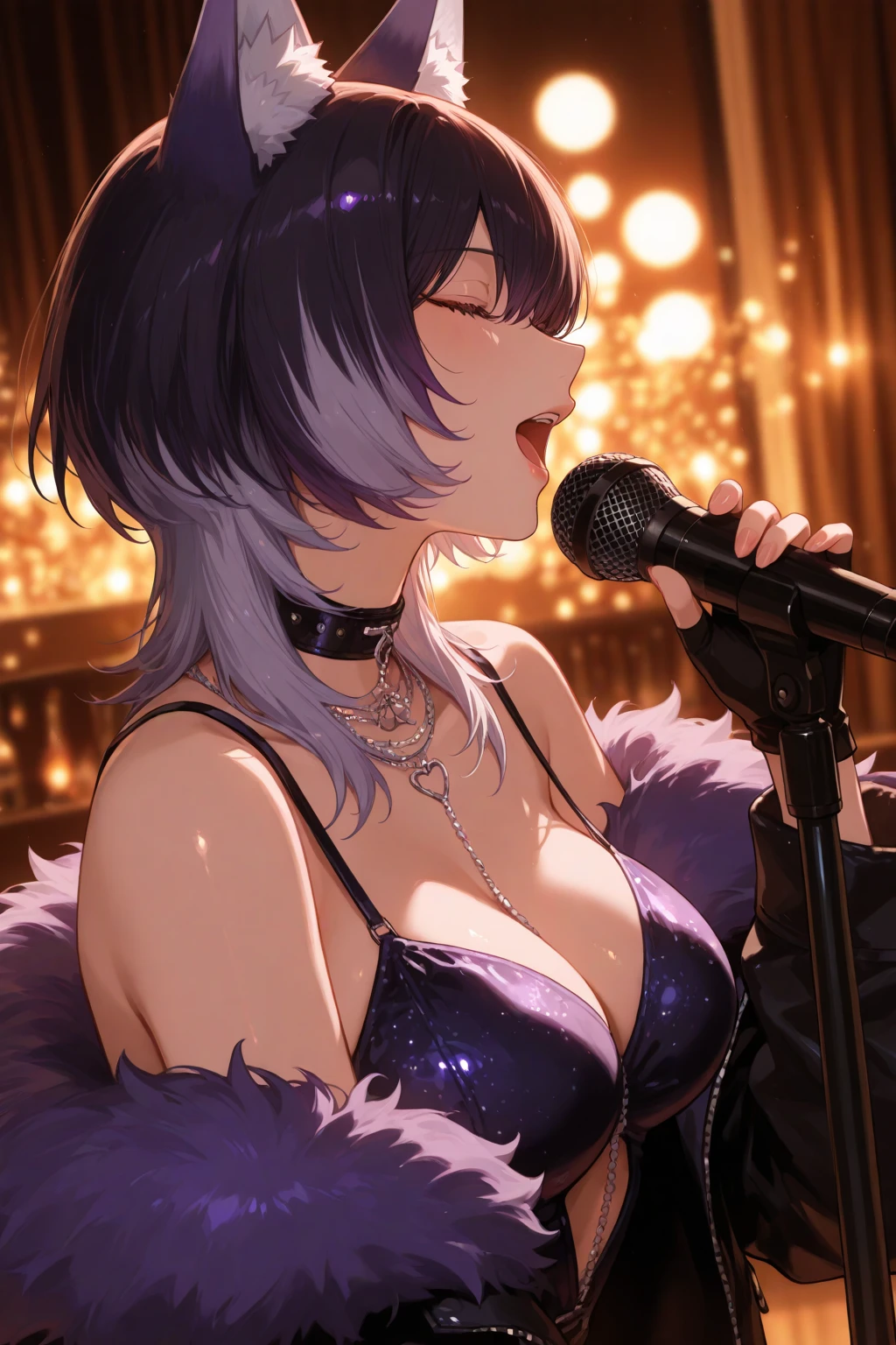(kinako_(shiratama_mochi) style, ((topless)), nsfw, masterpiece, 1 girl, solo, erect nipples, sweaty, wet body, hair ornaments, intricately detailed, navel, latex shorts, fishnet leggings, multicolored hair, black hair, pink, live band, live perfornance, idol, live stage, spotlight, stage light, extremely detailed, bare breasts, puffy nipples, purple eyes, vtuber, bare stomach, sweaty, medium breasts, arm strap, cowboy shot, microphone, singing, open mouth, short hair, cg masterpiece, cowboy shot, smiling