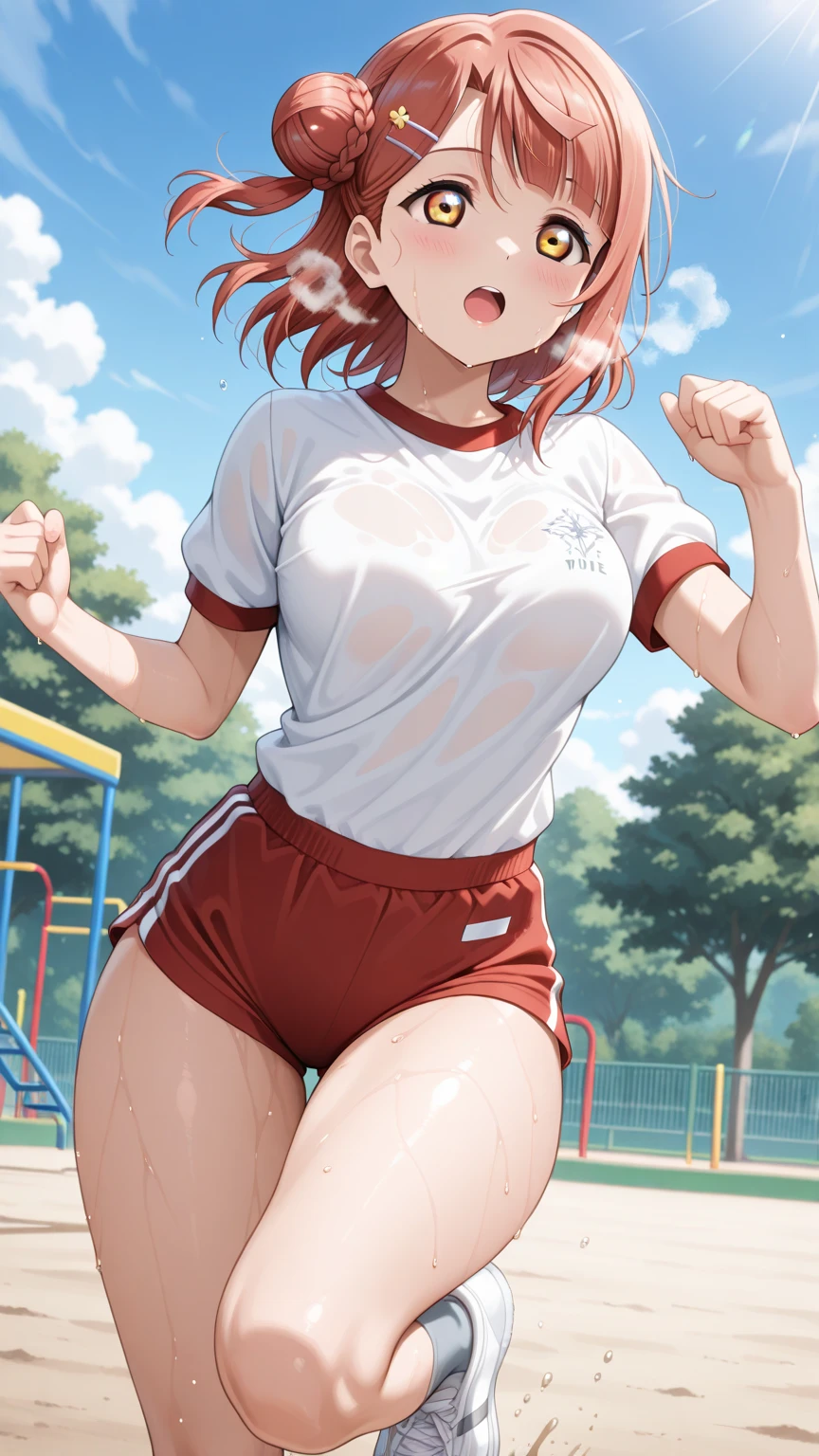 (((masterpiece, highest quality:1.2))),cowboy shot,16 year old beauty,solo,dark brown hair,short bob hair,brown eyes,blunt,skinny,medium breasts,shiny skin,oily skin,sweat,Painful,Heavy breathing, BREAK school gym clothes、White short sleeve T-shirt、Red Ringer Neck, school gym red buruma、Sneakers、 BREAK 、walk、stomach ache、In the shade、Playground backyard、During practice、Daytime、