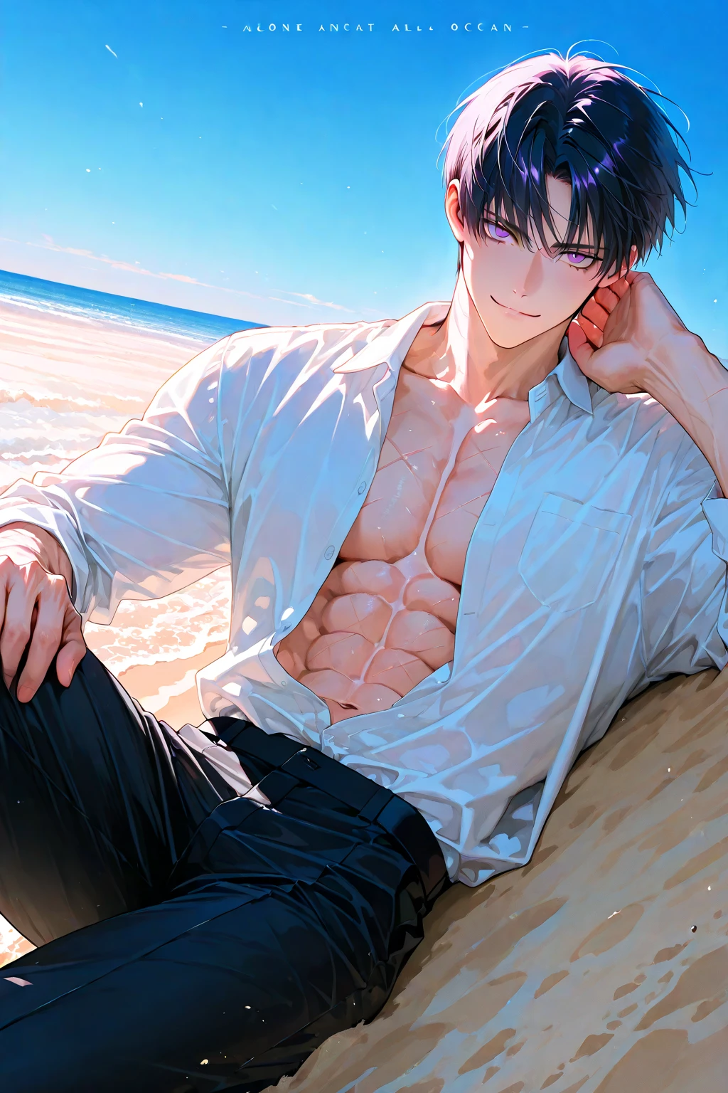 Boy with black hair and golden eyes dressed in a waist-high bath towel, fresh from bathing