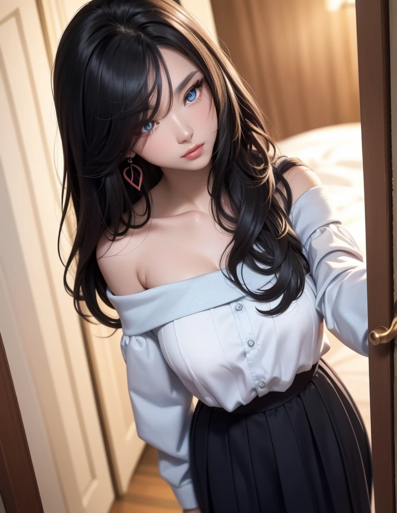 dark hair, crystal blue eyes, open mouth, horny 25 years old, playfully horny,  cleavage, blouse unbuttoned , skirt, standing, coy smile with open parted lips, (blushing:1.3), looking invitingly at the viewer, seductive eyes, facing the viewer, livingroom background, leaning forward in a doorway, (pov), glowing eyes, necklace, earrings, nsfw,