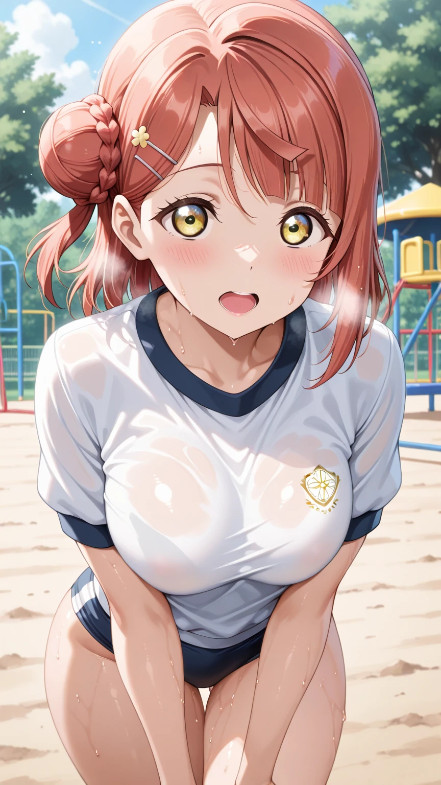 mastute piece,Best Quality,insanely detailed,8k cg,nsfw,
(shoot upper body:1.3),
(1girls:1.3),standing,looking at viewr,body in front,both arms behind back,(baseball uniform:1.3,baseballcap),(bare breasts:1.1),(bare nipples:1.1),
break,
blush,shy,(ecstasy face),(trembling:1.2),break,(light orange hair:1.2),
break,
perfect breasts,perfect teats,(open mouth:0.9),(large breasts:1.2),
(スタジアム),