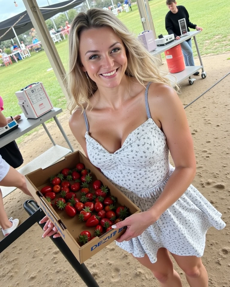 A photorealistic portrait of a beautiful blonde girl , wearing a cute pink mini dress, sexy legs,She giving very adult seductive poses in park, ((she is eating ice cream in park )), tattoo on legs, happy face, white glowing teeth,captured in close up full-body shot, 8k resolution, with high detail and quality.