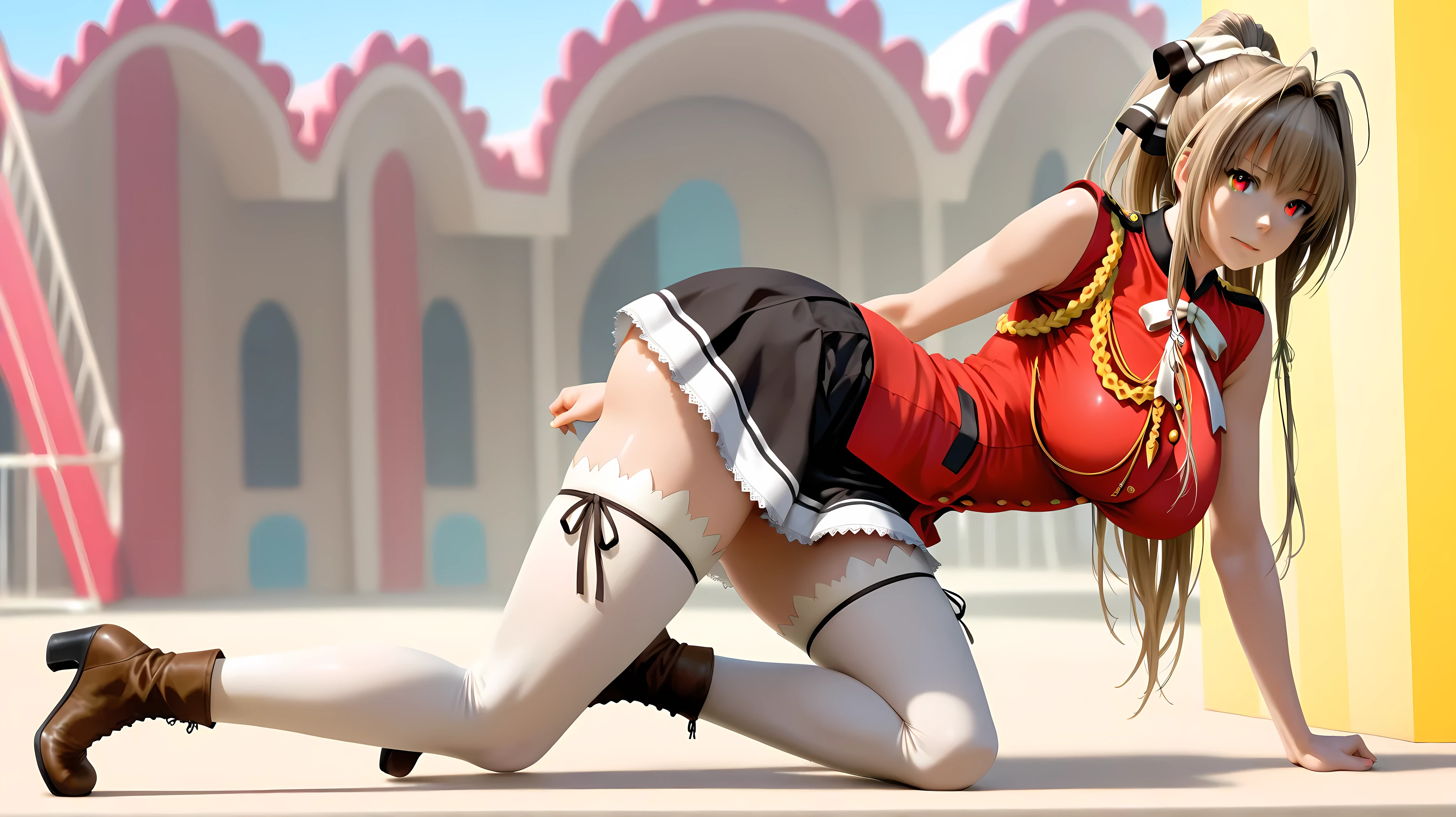 On all fours,(((From below))),hot summer,skirt,Cleavage,Ass,hibiscus,suit,Polka dot panties