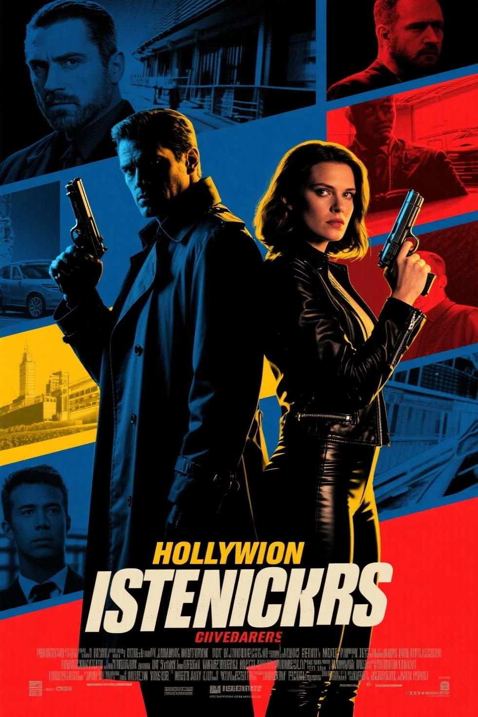 Hollywood spy thriller poster：A mysterious man in a trenchcoat and a woman in a tight jacket standing back-to-back，Sharp eyes，holding handgun。The background uses multi-scene narrative and double exposure。in pop art style，Thrilling suspense。deep blues、Black、Red and yellow tones，Create a dramatic effect。