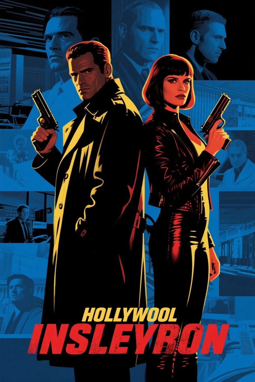 Hollywood spy thriller poster：A mysterious man in a trenchcoat and a woman in a tight jacket standing back-to-back，Sharp eyes，holding handgun。The background uses multi-scene narrative and double exposure。in pop art style，Thrilling suspense。deep blues、Black、Red and yellow tones，Create a dramatic effect。