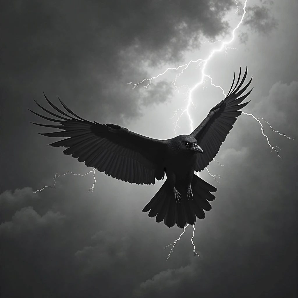 a crow flying over a stormy sky, The lightning arc in the background, wings wide. is presented in a dramatic monochromatic style，with painterly feather details and atmospheric chaos. High contrast lighting, masterful composition. 4k+ PremiumQuality.