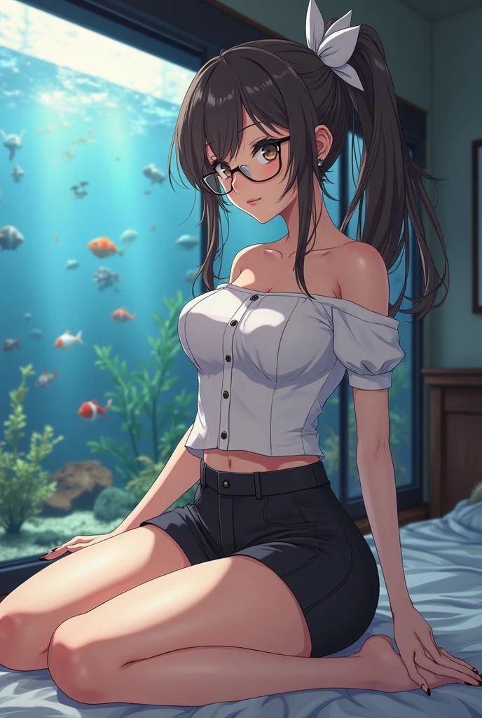Masterpiece, highest quality, (((masterpiece))), (((highest grade))), ((extra fine)), (illustration), ((extremely delicate and beautiful)), dynamic angle, (beautiful detailed eyes), (detailed light), (1 girl), (big_breast:1.2), bob hair,( black hair), dark brown sparkling eyes, natural, slight smile, complete anatomy, highly detailed beautiful face,(at front of convenience store),(wearing button up shirt and miniskirt), (attractive pose:1.2), (wet clothes), (raining:1.2), (wet body), walking, (cloudy), (wet hair:1.2), (unbuttoned shirt), (mermaid tail), outdoor, sitting, mermaid, mermaid girl