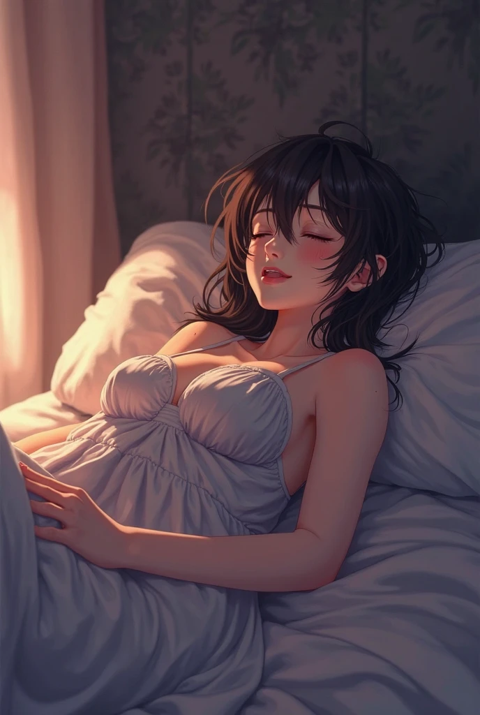Young woman sleeping, dark room, moonlight, cold weather, warm steam, smoke coming out of her mouth, thick fog all over her body, picture from above.