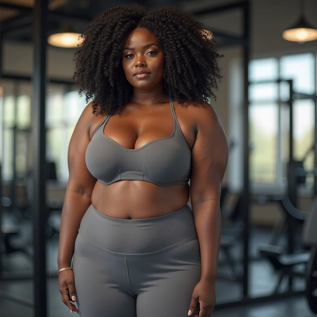 moda gorda, uma linda velhinha negra de 70 anos, (velho), Shorts de lycra, curvy body, vestindo uma roupa de fitness), Realista, Gordinho, intricado, hyper Realista, 8K, intricadoly detailed, cinematic, stunning Realista photography, rosto perfeitamente detalhado, altamente detalhado, vibrante, pele natural, Textura de pele real, octane rendering, cabelo encaracolado, cara feliz, It is, decote, (malhando na academia), Gordinho, (treinamento), pele molhada, linda coxa