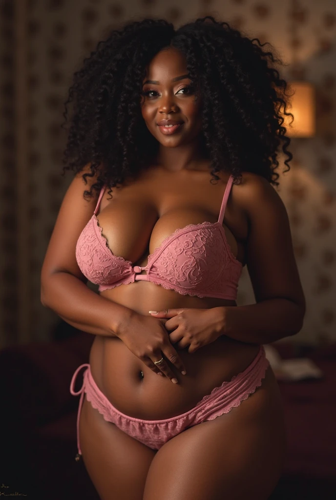 Curvy black woman 4c hair with a very large chest on all fours wearing sexy baby pink lingerie