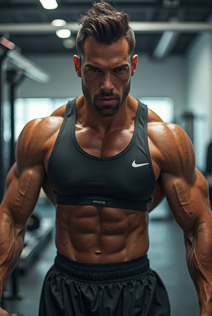 A standing bodybuilder showing his muscular and defined triceps after making a workout in a gym ambient