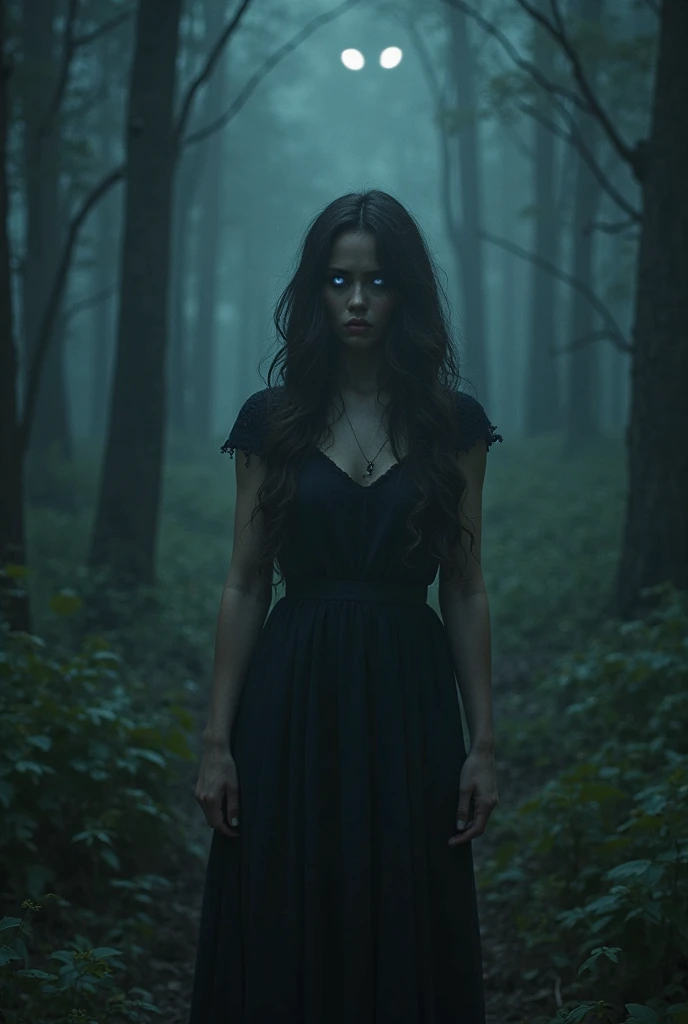 Let it be like a book cover, where you can only see the silhouette of a teenage girl and her purple eyes glow slightly in the dark, let it be hyperrealistic. 