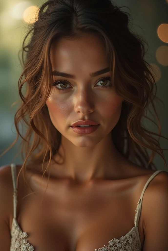 NSFW, qualité supérieure, Images RAW, vrai visage plus charnu, hispanic, yeux verts, femme incroyablement belle, Mignon, soyeux,Très beau,cheveux courts chatains clairs, doux et brillants, piercing anneau dans le nez, Haute précision, très détaillé, très détaillé, étudiants pointus, de vrais étudiants, concentration intense, Éclairage de cinéma, (middle breasts:1.2), combinaison, to show off a petit Mignon bra:1.5)))
