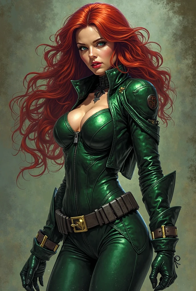 Retain most of original image features. Produce image in highest resolution. Adjust breast to look ore natural with better cleavage. change glove style. Keep clothing exactly the same. Add cityscape background. Retain body proportions. Keep hair exactly the same.

