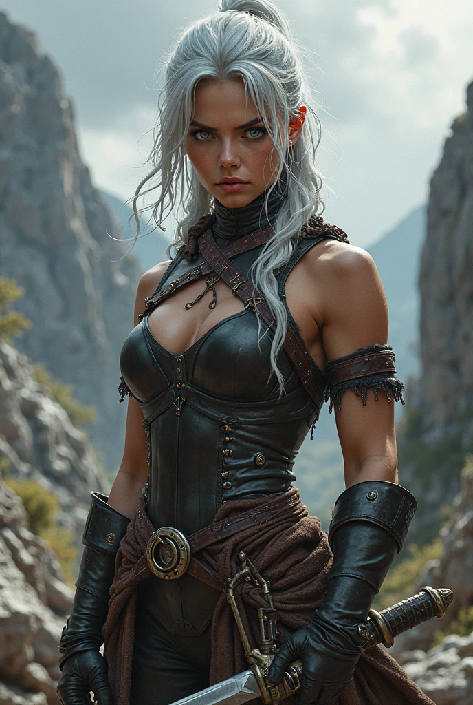 a gorgeous female assassin in a bikini, (covered in blood), bedroom location, at night, portrait, masterpiece, eight pack abs, extremely defined muscles, wide shoulders, narrow waist, narrow hips, strong shoulders, biceps, triceps, slim, slender, sexy, toned, smirk, confident, amused, sadistic, blonde hair, huge breasts, necklace, earrings, jewelry, make up, eyeliner, (red blood), (glowing green eyes), ((((black and white picture, ink, artwork)))),1girl, (warrior), winter clothes, (blood on face:0.8), (Norse:1.1),intricate, fur, shoulder armor, , long hair, (eyeliner:1), wind, blizzard, looking at viewer,jewelry,blue eyes ,detailed background, depth of field,glowing eyes (masterpiece, high quality:1), dual wielding,fist,muscular ebony skinned blake belladonna in a ki charging pose while being in a forest, Blake with long blonde hair and cat ears, blake with green eyes, blonde monkey tail wrapped around Blake's waist, wearing an open white jacket with a black tanktop underneath, wearing a pair of ripped white shorts with black leggings, this black Blake is by herself.,a close up of a woman with a very big breast, ciri, the witcher concept art, ciri from the witcher, best of artstation, 4k fantasy art, tyler edlin fantasy art, dark fantasy style art, stunning character art, graphic artist magali villeneuve, alexandra fomina artstation, epic exquisite character art, beautiful character painting