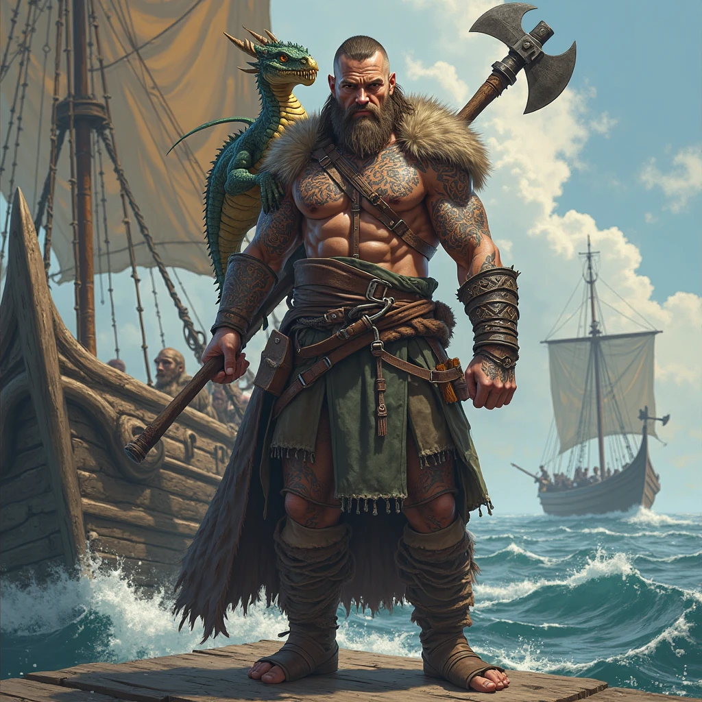 male 2, Cao Cao , viking style ragnar lodbrok muscular body using a viking weapon, lightBrown hair.
He is on a Viking ship Viking King