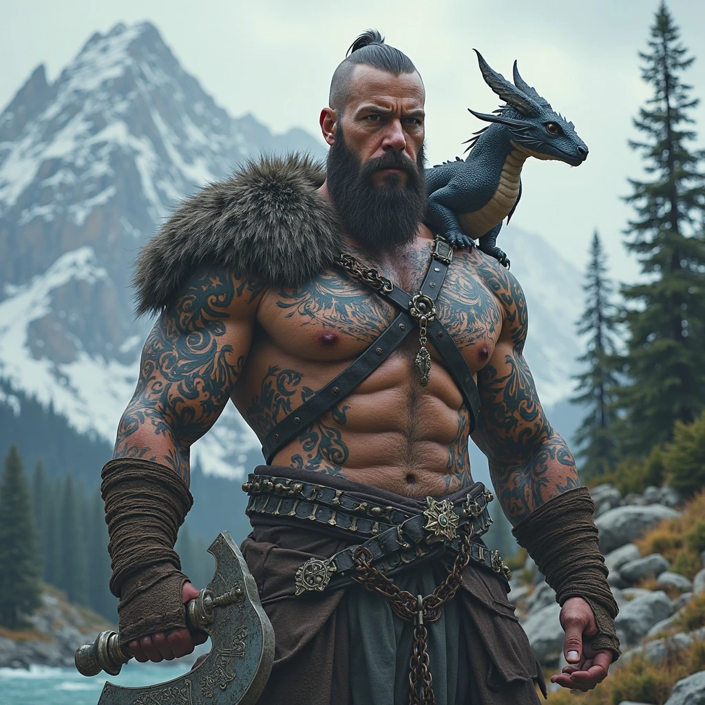 the best quality, very high resolution, detailed 4K CG, Masterpiece artwork, augur, Nordic Deuses, handsome man plus a wolf, rune tattoos, viking, Celtic mountains, blue sky, Norse mythology, viking rune tattoo, beautiful aesthetic, Beautiful picture, There are beautiful mountains with green grass in the back