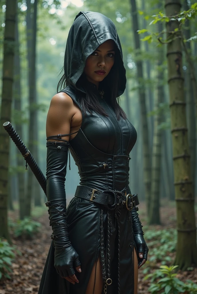 realistic, amazing, high definition, for masked ninja woman tattoo, with bow and arrow on back, best quality, hyperrealistic, 8k, best definition, pointing arrow at camera, blue eyes, straight black hair, veil on head, only with eyes and part of nose and forehead showing, full body, costume, cinematic lighting, complex clothing and patterns, fighting, holding bow, Best quality, masterpiece, ultra high res, (photorealistic: 1.4), part upper body, beautiful girl, full body --auto
