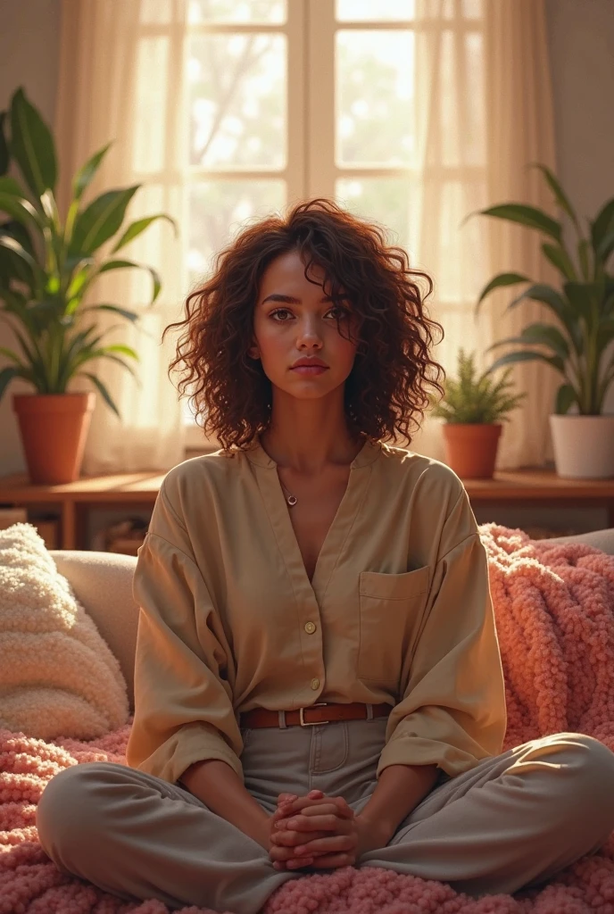 (photorealism:1.2),cute woman, sitting on sofa, wearing loose off-shoulder top, short pants, short curly hair, indoors, ballroom dance floor, soft lighting, plants and chairs in background, window with sunlight, cozy room, relaxed pose, realistic, intricate details, warm colors,