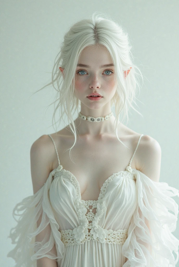 a white-skinned girl with straight white hair up to the middle of her back also has straight bangs, His eyes are a very striking violet color., Like your hair, your eyelashes and eyebrows have to be white., It is in an enchanted forest where you can see fairies and other creatures, she is not looking at the camera, is distracted by the environment