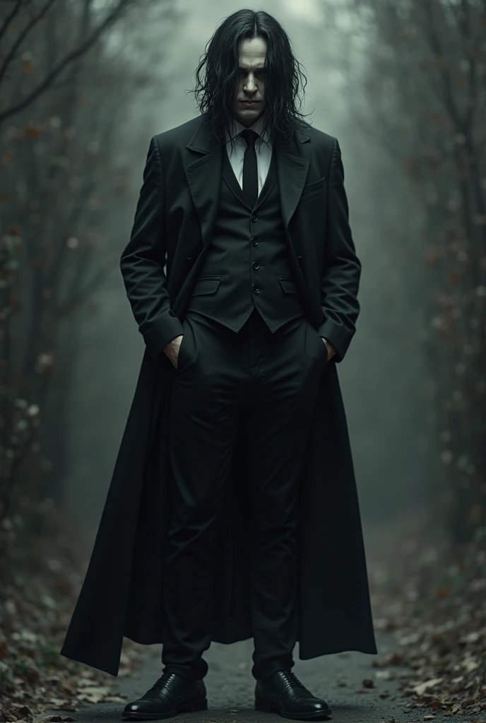 A pale man with a black hat under his bulky hair that hides his eyes, in a black suit and tie and a black jacket