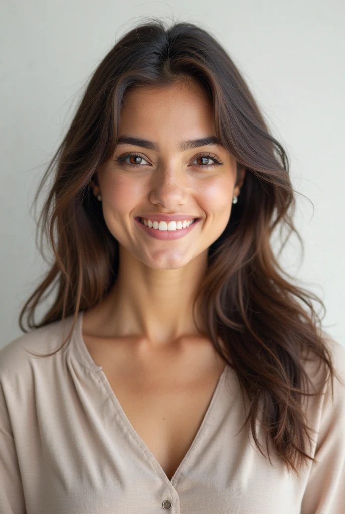 a photo-realistic portrait of a beautiful Palestinian woman with long brown hair, blue shirt, white teeth, and a cute smile, with highly detailed and realistic  features, modest expression, and realistic white skin tone