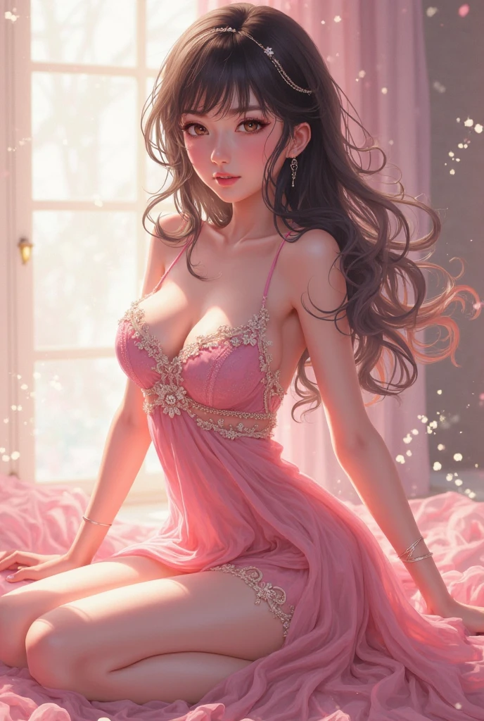 (Cuerpo perfecto),(piel fina y hermosa detallada:1.1),(piel brillante:1.1),(The highlights of the oil painting:1.1),(seductor), high key low variation brightness scale,luz tenue,luz y oscuridad entrelazadas,
1 chica, solo, pelo negro, flor, pelo largo, sonrisa, bolsa, handbolsa, collar, pink vestido, joyas, vestido, Brown eyes, mirando al espectador, escaleras, tenencia, nod