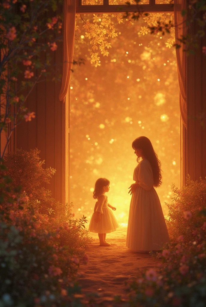 Magical Mom with her children, boy and girl surrounded by Light, portals of light, and sparks of light, colors in the image: beige, dorado, Brown, orange, white, pale pink, 