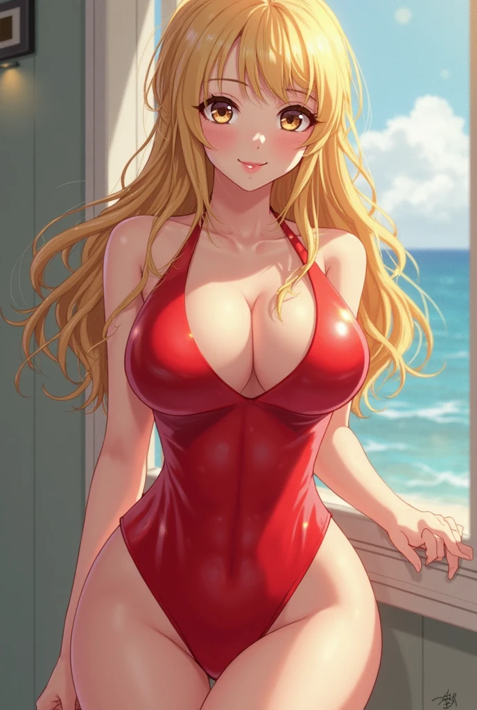 masterpiece, best quality, highres, kitagawa marin, 1girl, blonde hair, long hair, swept bangs, gradient hair, red eyes, jewelry, earrings, piercing, glossy lips, light smile sleeveless leotard, standing, cleavage