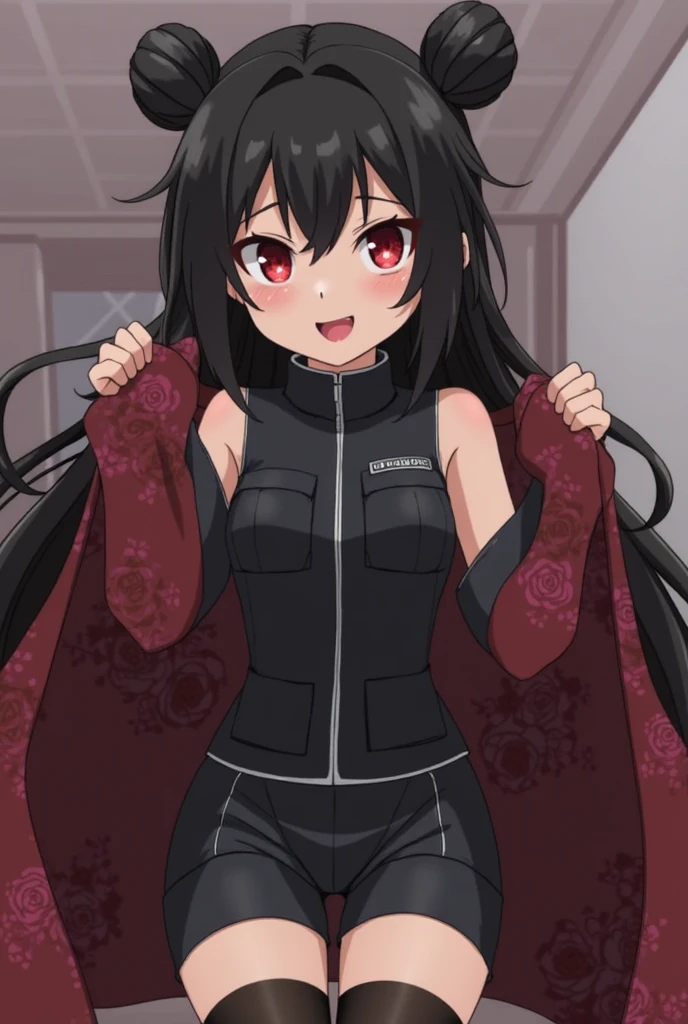 Ninja woman and mask and black hood and black shirt and black pants and black shoes and black hair and red eyes and cute and all black clothes and gloves and at school alone and she had her arms behind her back and she was at school and she was very cute Elfa