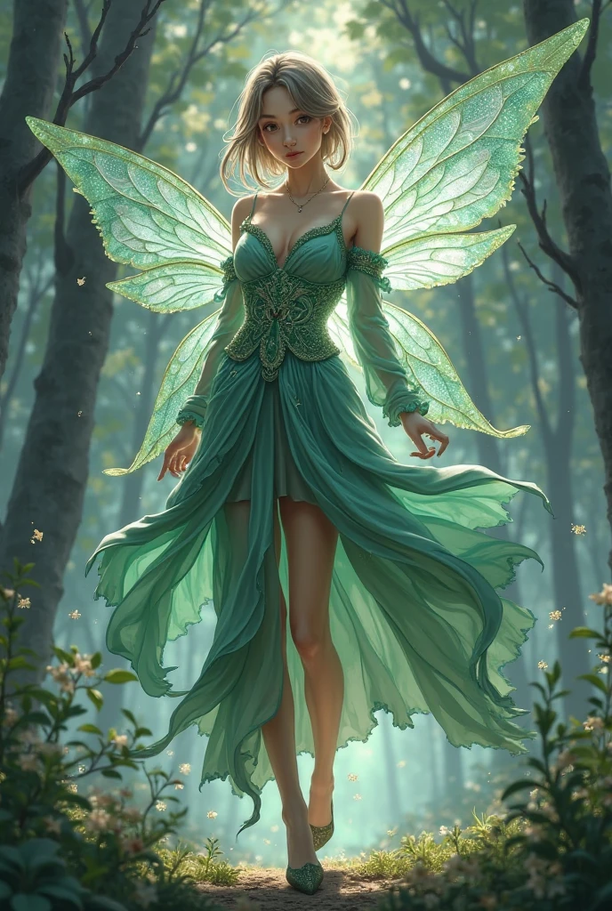 (masterpiece, comic illustration, coloring, official art:1.3), (dynamic posing seductive fairy:1.4), (female, enchanting beauty:1.2), (toned, slim physique:1.1), (long, flowing emerald hair:1.1), (mesmerizing green eyes:1.1), (smiling, alluring expression:1.1), (ornate, leafy wings:1.1), (woven with vines and flowers:1.1), (transparent:1.1), (captivating the forest creatures:1.1), (amused forest animals:1.1), (quizzical squirrel:1.1), (interested rabbit:1.1), (startled fox:1.1), (tendrils of her hair flowing in the wind:1.1), (dappled sunlight filtering through leaves:1.1), (glowing mushrooms:1.1), (tree roots:1.1), (gently swaying branches:1.1), (mossy ground:1.1), (vibrant, saturated colors:1.1), (crisp, clean linework:1.1), (trending on webtoon:1.1), (intricate details:1.1), (sensual, alluring atmosphere:1.1)