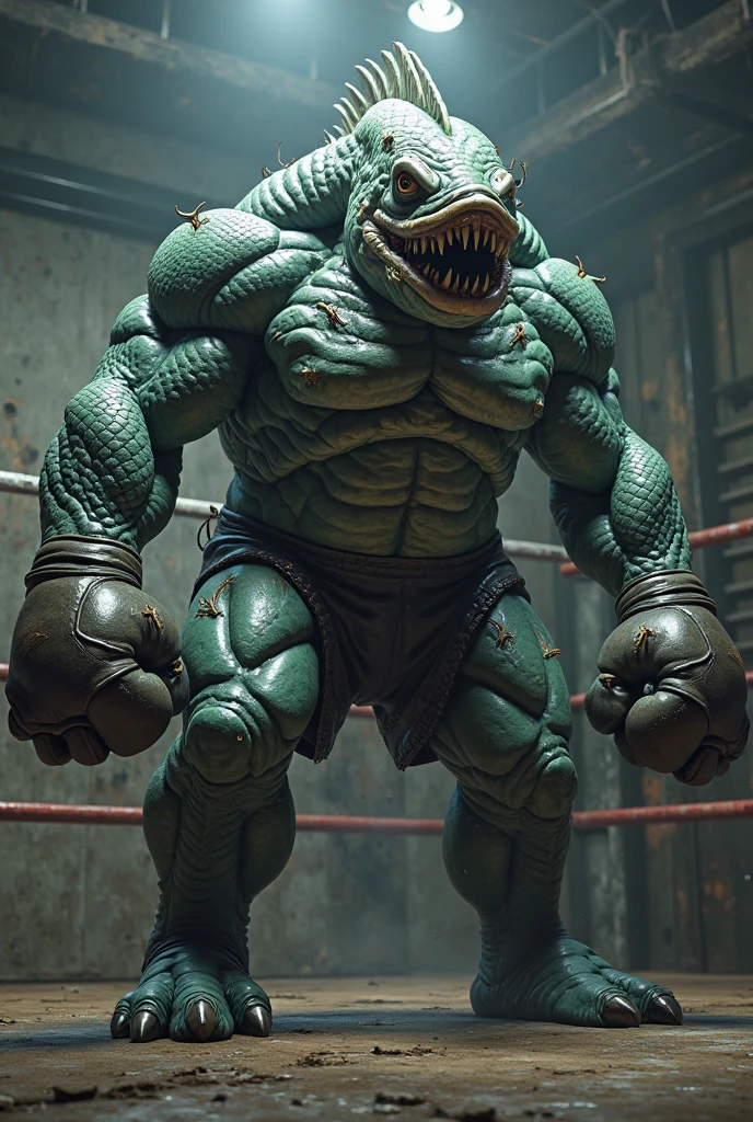 Humanoid crocodile muscled with huge arls , huge torso , huge pecs , huge legs , clothes  suit with a rie , full body