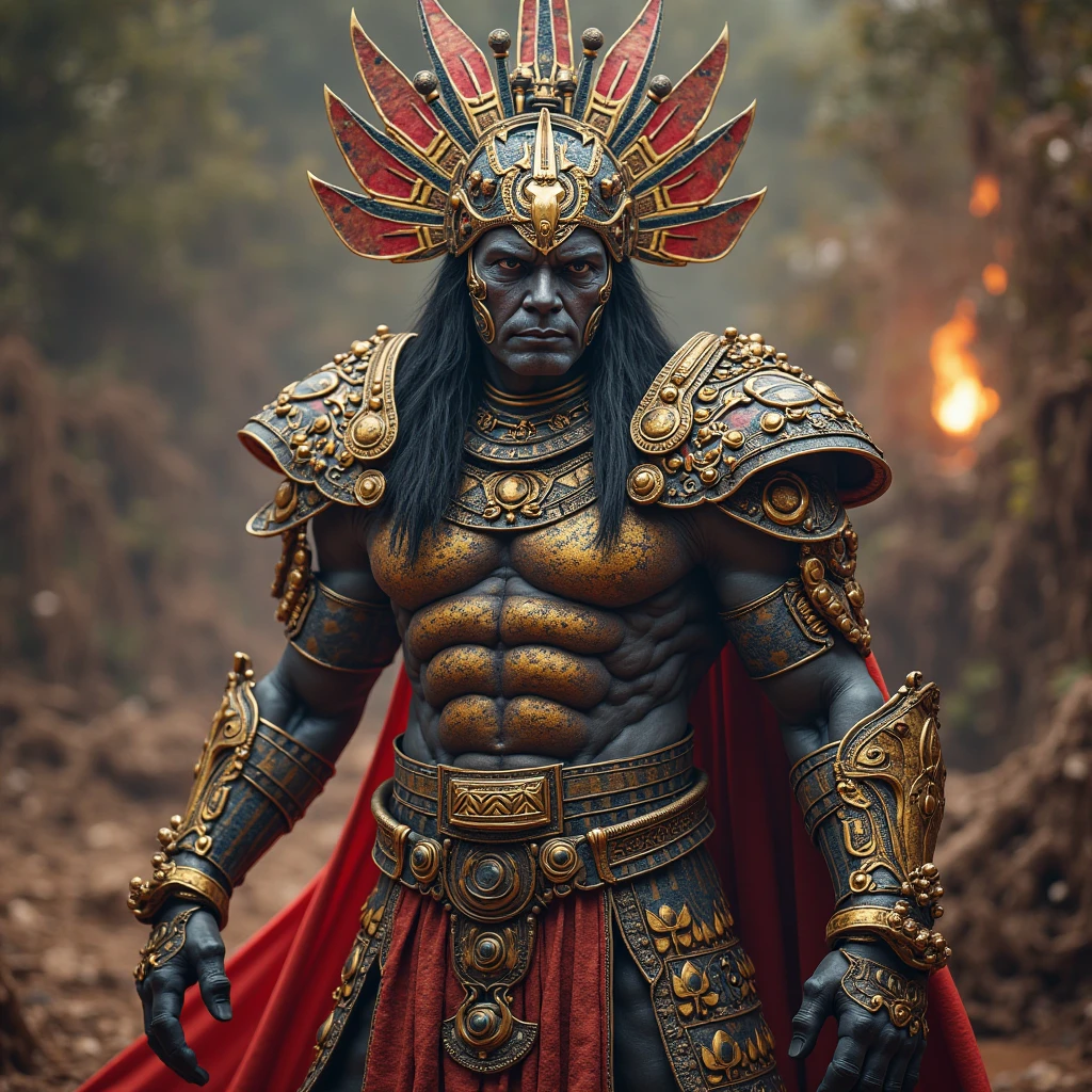 Pebrü Ancient Costa Rican warrior with Hwarang armor with the colors of the macaw without weapons is with a black background