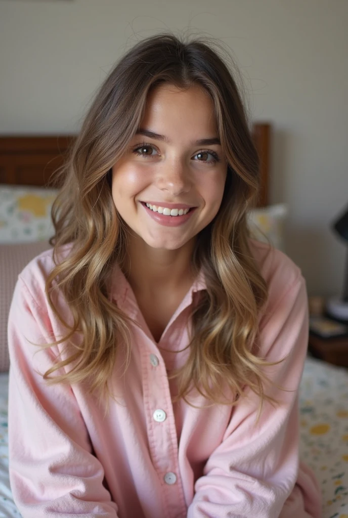 Sabrina Carpenter, smiling, hotel room, naked