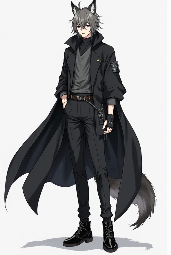 A tall, muscular anime man, black hair and light green eyes, wolf ears and tail, with sales