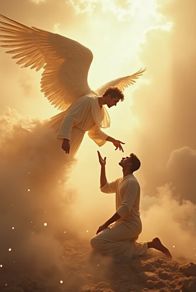 A majestic and ethereal image of the god Mercury hovering in the air, whispering words to a young man seated before him. the young man is lost in his thought. The scene is depicted in an epic, realistic, and fantastical style. The god is portrayed with intricate details: his flowing robes shimmering in iridescent hues, his face exuding wisdom and power, and his wings glowing with an otherworldly light. This captivating painting captures the essence of divine communication in a vivid and mesmerizing way, showcasing the artist's exceptional talent and attention to detail.