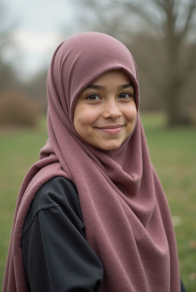 middle school girl wearing glasses and hijab and lipstick smiling wearing leggings