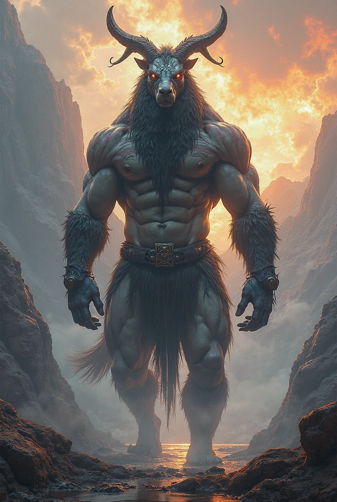A creature, bodybuilder,long red hair, danger teeth, long vampire teeth, orange eyes ,stand on front of mountain , background sunset , seen a sky ,shouting pose ,hand is a back side