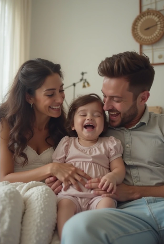 A father and mother celebrate the 6th month of their first baby daughter. The child is sitting in a baby chair looking happy and laughing.. realistic photo