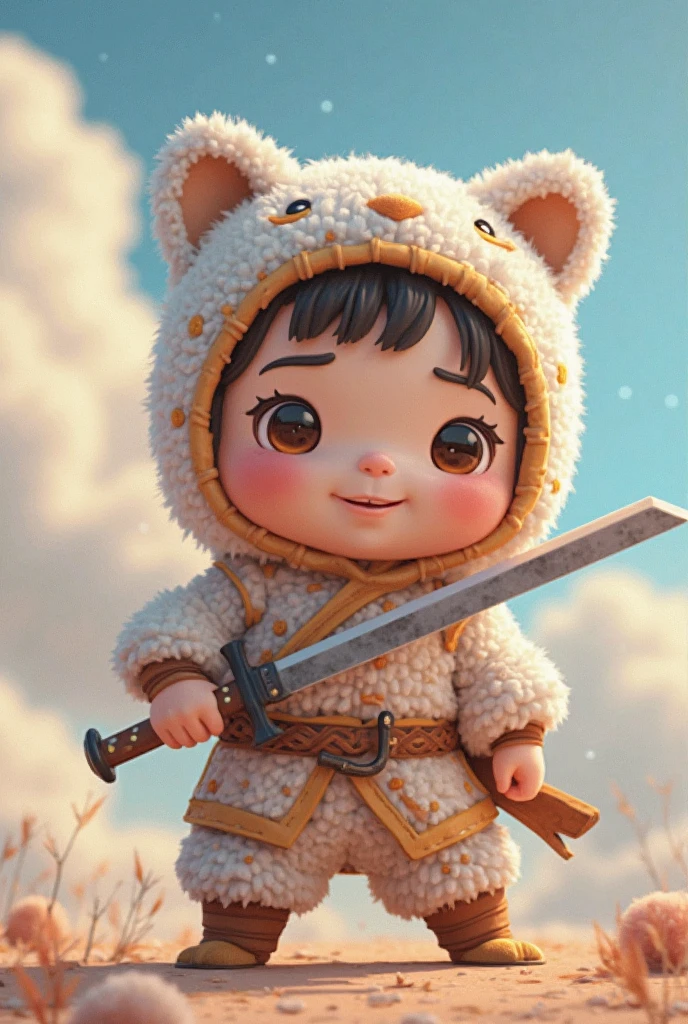 a baby with a mask on his brownhair, holding a sword, Blue dress with white clouds