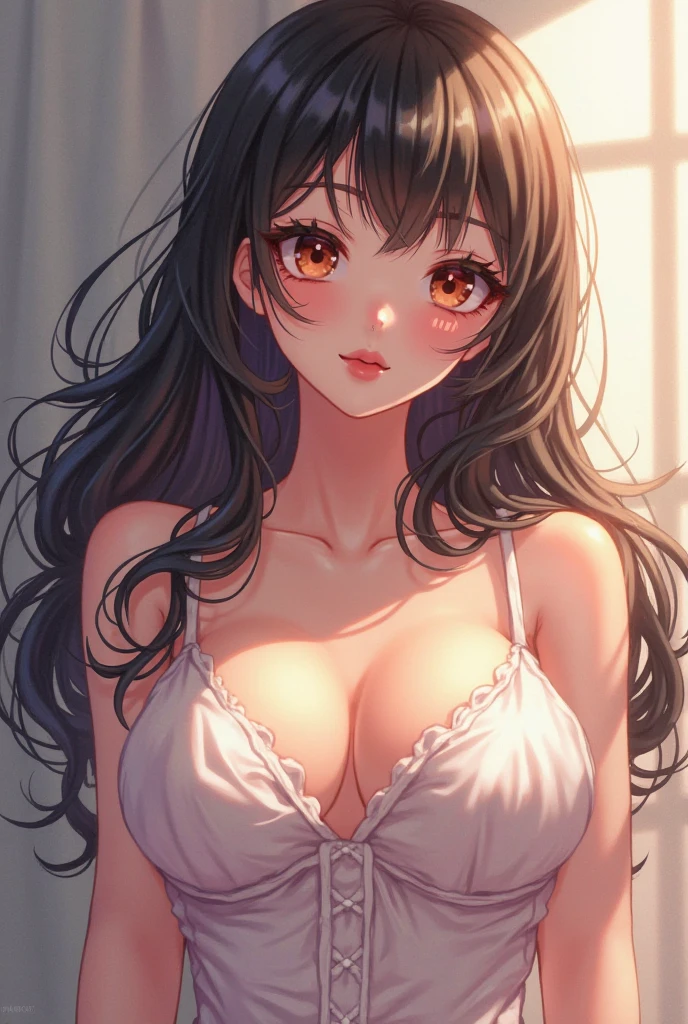 Highest quality,8k,High definition,Cute like a little sister,18-year-old,With bangs,,Smile,Brown Hair,Inward-curling long hair,(Small breasts:1.3),Floral Lingerie,Big ass