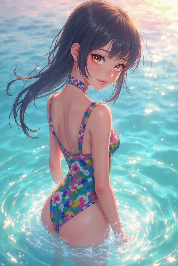 ((masterpiece)), ((highest quality、Ultra high definition)), (Very detailed),8k、Photo quality、((Amazingly cute girl)),16-year-old girl)), Two people, , (Beautiful emerald blue eyes), ((smile)),In the open-air bath overlooking the sea, Beautifully arranged black hair in twin tails、Slim Body、(((A very cute see-through swimsuit with lots of lace and frills.)))、Professional Lighting、(White lace knee-highore detailed and beautiful)、(More details and cutenesore realistic)、((Just wear light clothing))、Frolic in the pool、(Too cute)、(The embodiment of cuteness)、(Cute girl with glasses)、