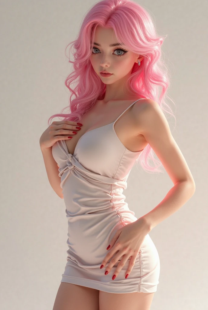 Wa1girl, solo, pink hair, hair ornament, blue eyes, black dress, standing, full body, indoor, simpel blackground, (Writing Mr,x:1.5),