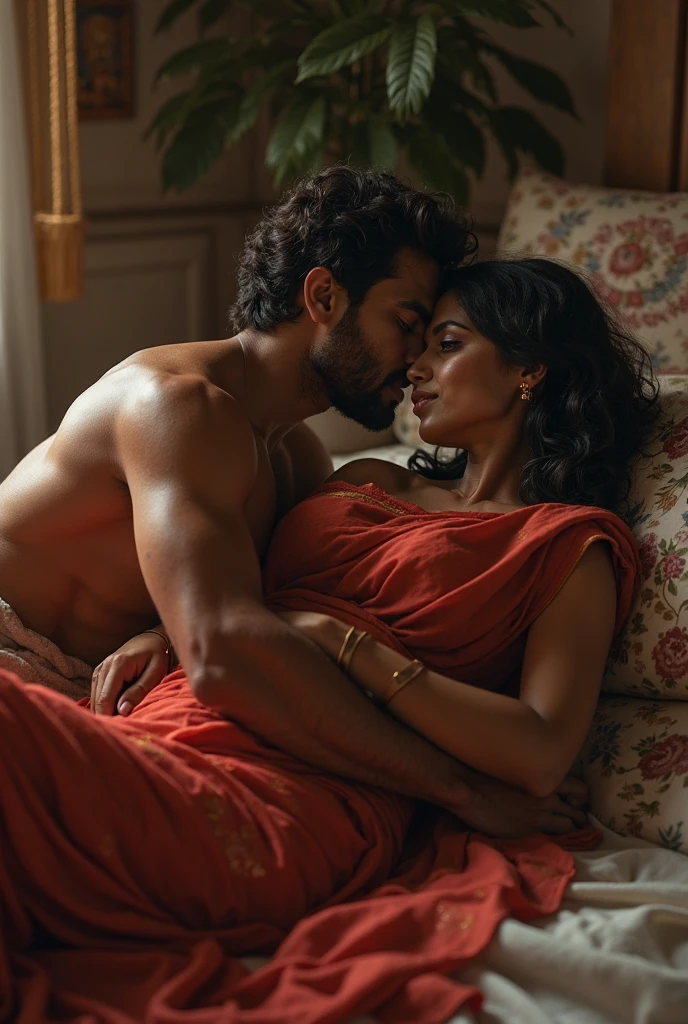 (1 boy, 1 female)A Busty MILF Indian lady lying nude on Bed Wearing Saree with Large Breasts with big          bareola Exposed, Kissing a young Boy, Dim light in the room, Realistic image.